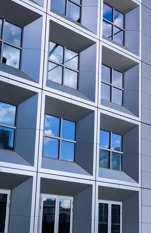 Square windows on face of building.