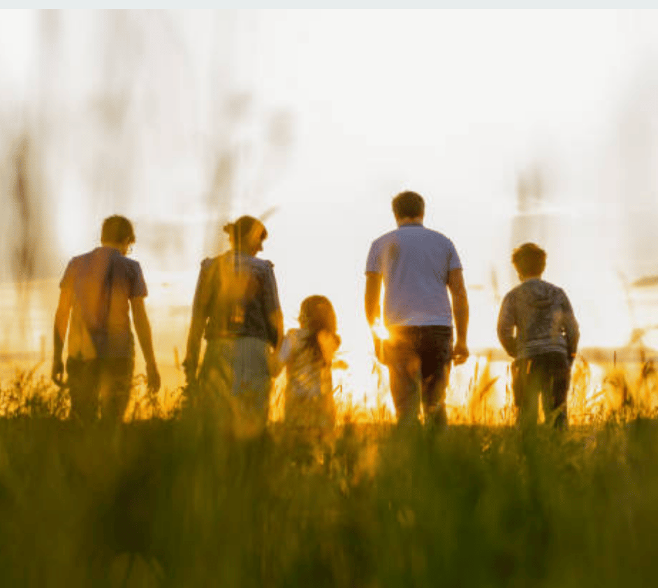 Silhouettes of people walking against sunset sky