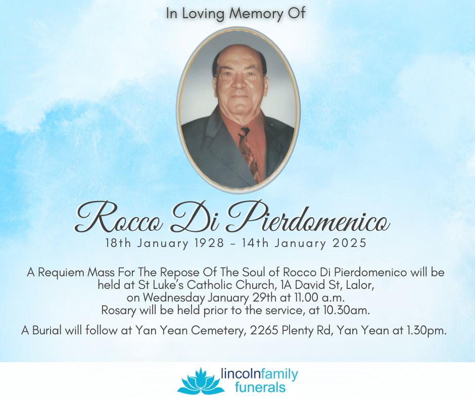 Light blue memorial service template with decorative border and portrait area