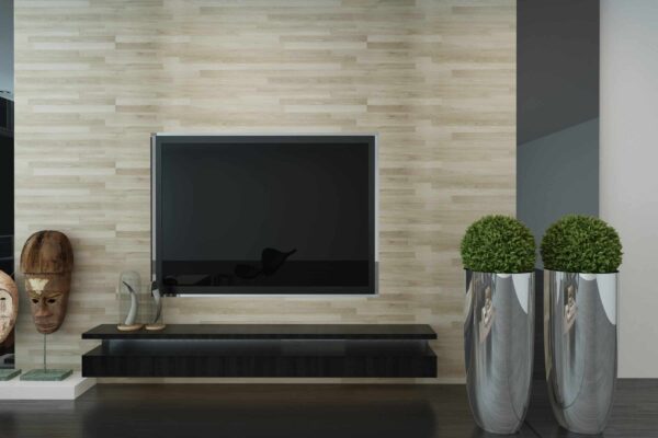 Wall mounted TV in a modern living room interior with topiary potted trees, African masks and a feature textured wall in an architectural background, 3d render