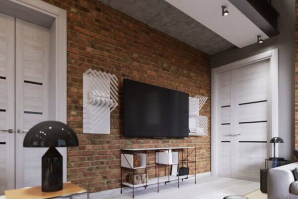 Modern living room interior, tv mounted on brick wall with black screen. 3d rendering