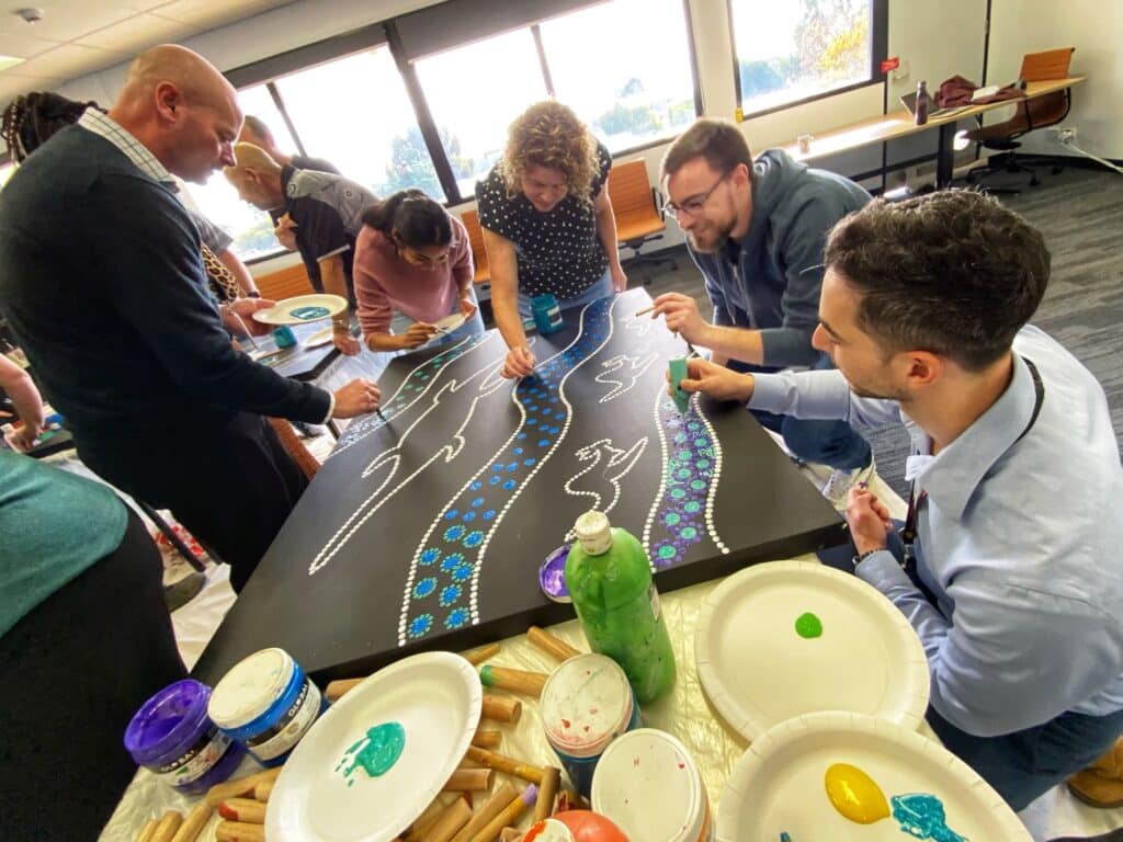 Corporate Art Workshops by Owen Lyons Wiradjuri Art pictured with staff from a staff development workshop focussing on wellbeing and cultural awareness