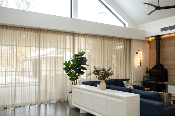 a custom-made linen sheer curtain made and installed by riverina interiors installed in a high-end wagga renovation. 