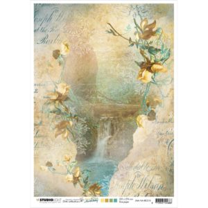 Jenine's Mindful Art New Awakening Rice Paper Sheet A4-Waterfall/Rocks/Flowers