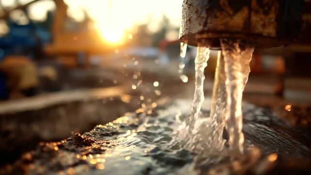 Water flows from a rusty metal pipe into a sunlit pool, with droplets splashing and glowing in the warm light.