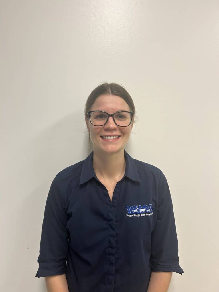 Female veterinary nurse in dark uniform at Wagga Vet