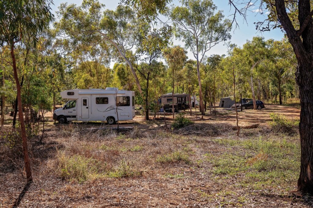 Undara Volcanic National Park, Queensland, Australia - June 2020: Holidaymakers set up their recreational vehicles in the park ready to tour the lava tubes